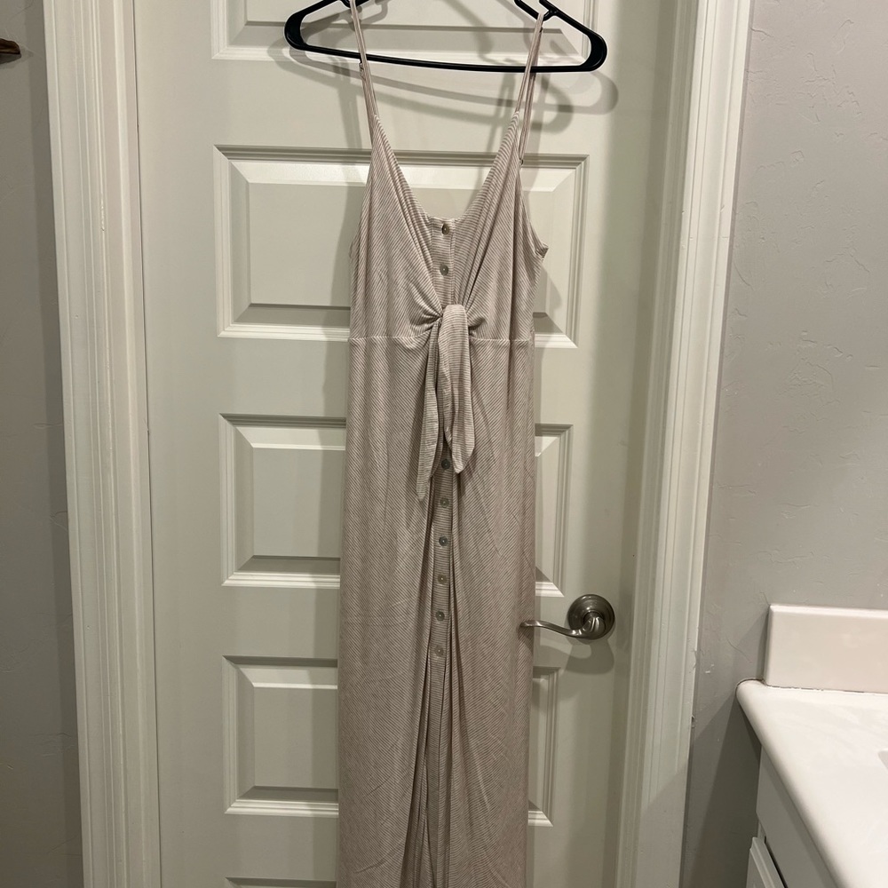 Long anthropology brown adjustable straps slit in front dress